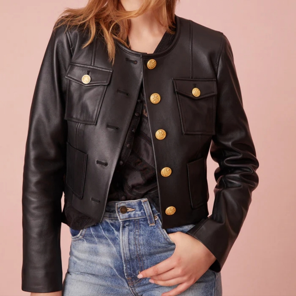 LOVESHACKFANCY Xander Cropped Lamb Leather Jacket Size 12 **FITS LARGE** NWT